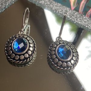 NEW Dangle Earrings Silver toned Clasp with Blue Gem Cut Topaz Colored Glass